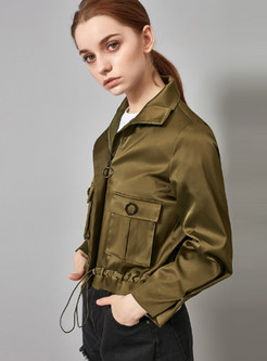 Solid Color Stand Collar Zippered Tied Short Coat