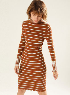 Chic Striped High Neck Sheath Knitted Dress