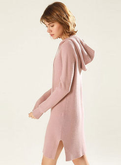 Pink Hooded Side-slit Slim Knitted Mini Dress