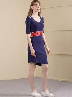 Color-blocked V-neck Off Shoulder Half Sleeve Asymmetric Sheath Dress