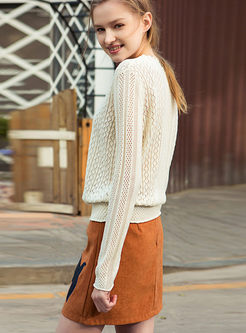 Solid Color Hollow Out V-neck Knitted Sweater