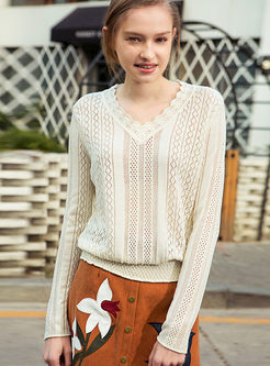 Solid Color Hollow Out V-neck Knitted Sweater