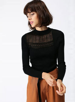 Black Hollow Out Half Turtle Neck Slim Sweater