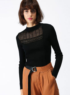 Black Hollow Out Half Turtle Neck Slim Sweater