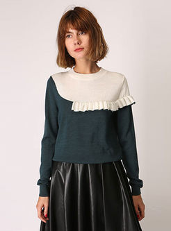 Color-blocked Splicing Falbala Knitted Sweater