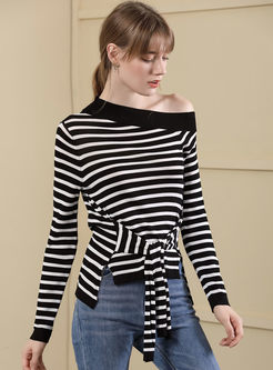Striped Off Shoulder Belted Asymmetric Sweater