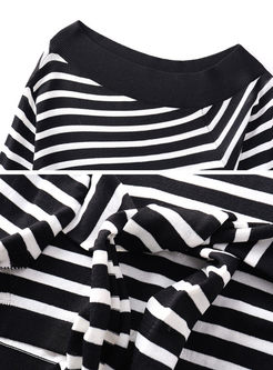 Striped Off Shoulder Belted Asymmetric Sweater