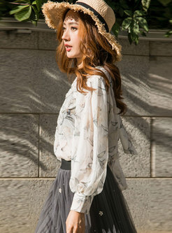 Chic Lantern Sleeve Hollow Out Lace Loose Blouse