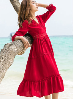 Bohemia Red V-neck Falbala Sleeve Lace Double-layered Dress