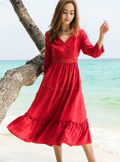 Bohemia Red V-neck Falbala Sleeve Lace Double-layered Dress