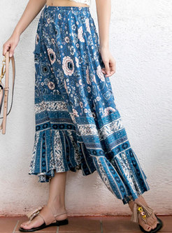 Bohemia Blue Printed Fringed Hollow Out Skirt With Big Hem