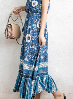 Bohemia Blue Printed Fringed Hollow Out Skirt With Big Hem