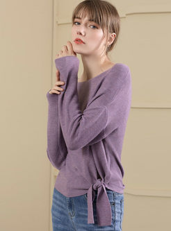 Casual Pure Color O-neck Tied Knitted Sweater