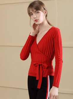 Fashionable Red Striped V-neck Belted Slim Pullover Sweater