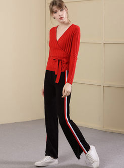 Fashionable Red Striped V-neck Belted Slim Pullover Sweater