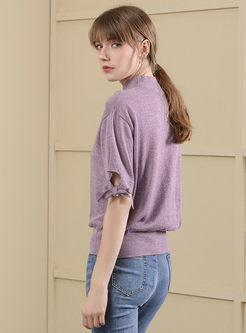 Purple Casual High Neck Short Sleeve Bowknot Knitted Top
