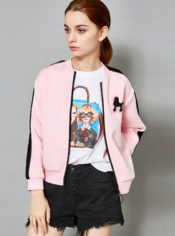 Pink Casual Beaded Color-blocked Zip-up Coat