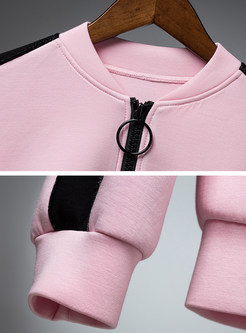 Pink Casual Beaded Color-blocked Zip-up Coat