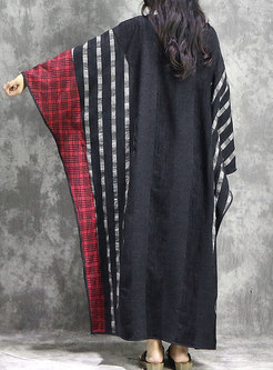 Autumn Color-block Dolman-Sleeve Big Hem Line Maxi Dress
