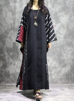 Autumn Color-block Dolman-Sleeve Big Hem Line Maxi Dress