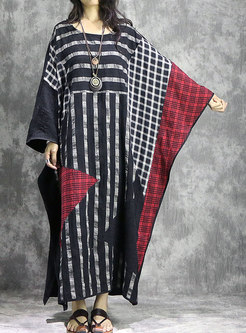 Multicolor Line Geometric Pattern Loose Maxi Dress With Slit 