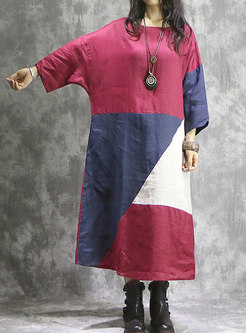 Vintage Red Color-block O-neck Loose Splicing Dress
