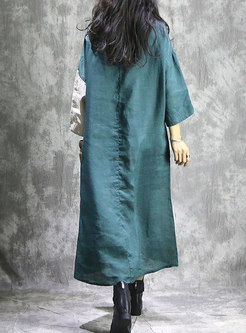 Retro Green Color-block O-neck Loose Splicing Dress