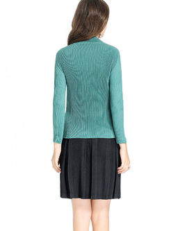 Solid Color High Neck Pleated Slim Pullover Sweater