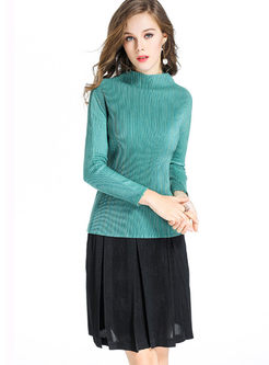 Solid Color High Neck Pleated Slim Pullover Sweater