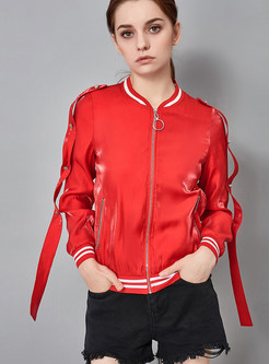 Red Ribbon Zipper Slim Jacket With Pockets