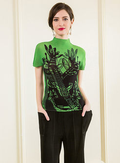 Green Print High Neck Slim T-shirt