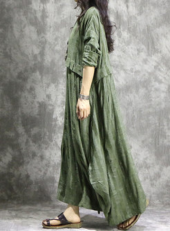 Vintage Asymmetric Green Solid Striped Loose Dress