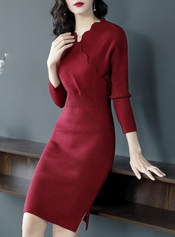 Elegant Irregular V-neck Waist Slit Knitted Dress