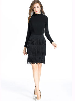 Black Tassel Patch Slim Skirt