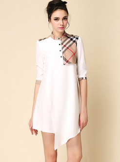 Brief White Standing Collar Plaid Asymmetric Hem Dress