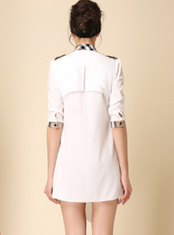 Brief White Standing Collar Plaid Asymmetric Hem Dress