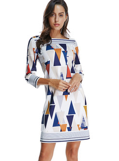 Fashion Square Neck Geometric Print Gathered Waist Dress