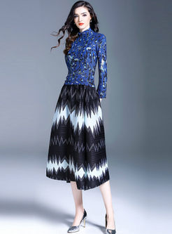 Trendy Color-blocked Print High Waist A Line Skirt