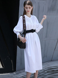 Trendy White Puff Sleeve Embroidered T-Shirt Dress 