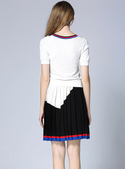 Brief Color-block Patchwork Top & Knitted Pleated Mini Skirt
