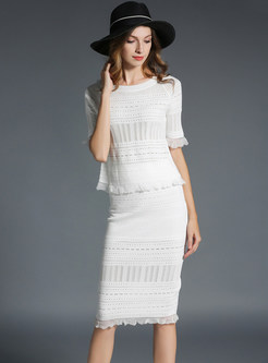 Autumn White Lace-up Top & Wrap Front Midi Knitted Skirt