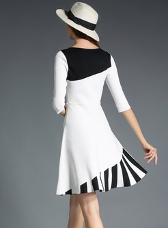 Autumn Black-white Three Quarters Sleeve Patchwork Skater Dress