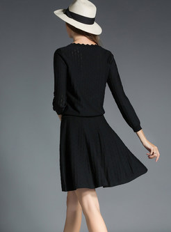 Casual Black Round Neck Beaded Top & Knitted Hollow Out Mini Skirt