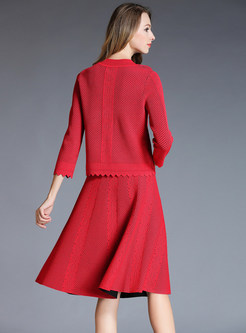 Autumn Red Solid Knitted Top & High Waist Shirred Midi Skirt