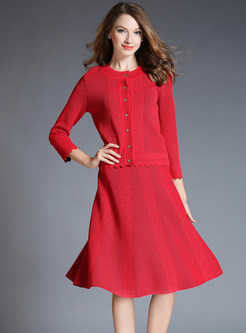 Autumn Red Solid Knitted Top & High Waist Shirred Midi Skirt
