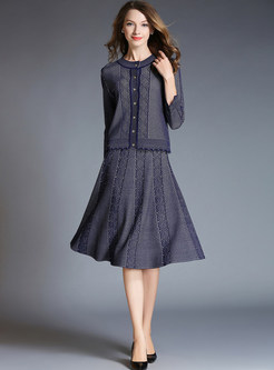 Autumn Trendy Blue Knitted Top & High Waist Shirred Midi Skirt