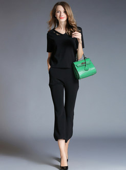 Casual Black V-neck Knitted T-Shirt & Slim Flare Pants 