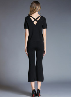 Casual Black V-neck Knitted T-Shirt & Slim Flare Pants 