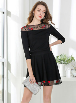 Casual Black Embroidered Mesh Knitted Top & Semi-sheer Mini Skirt