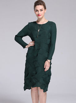 Chic Pure Color Long Sleeve Asymmetric Pleated Shift Dress